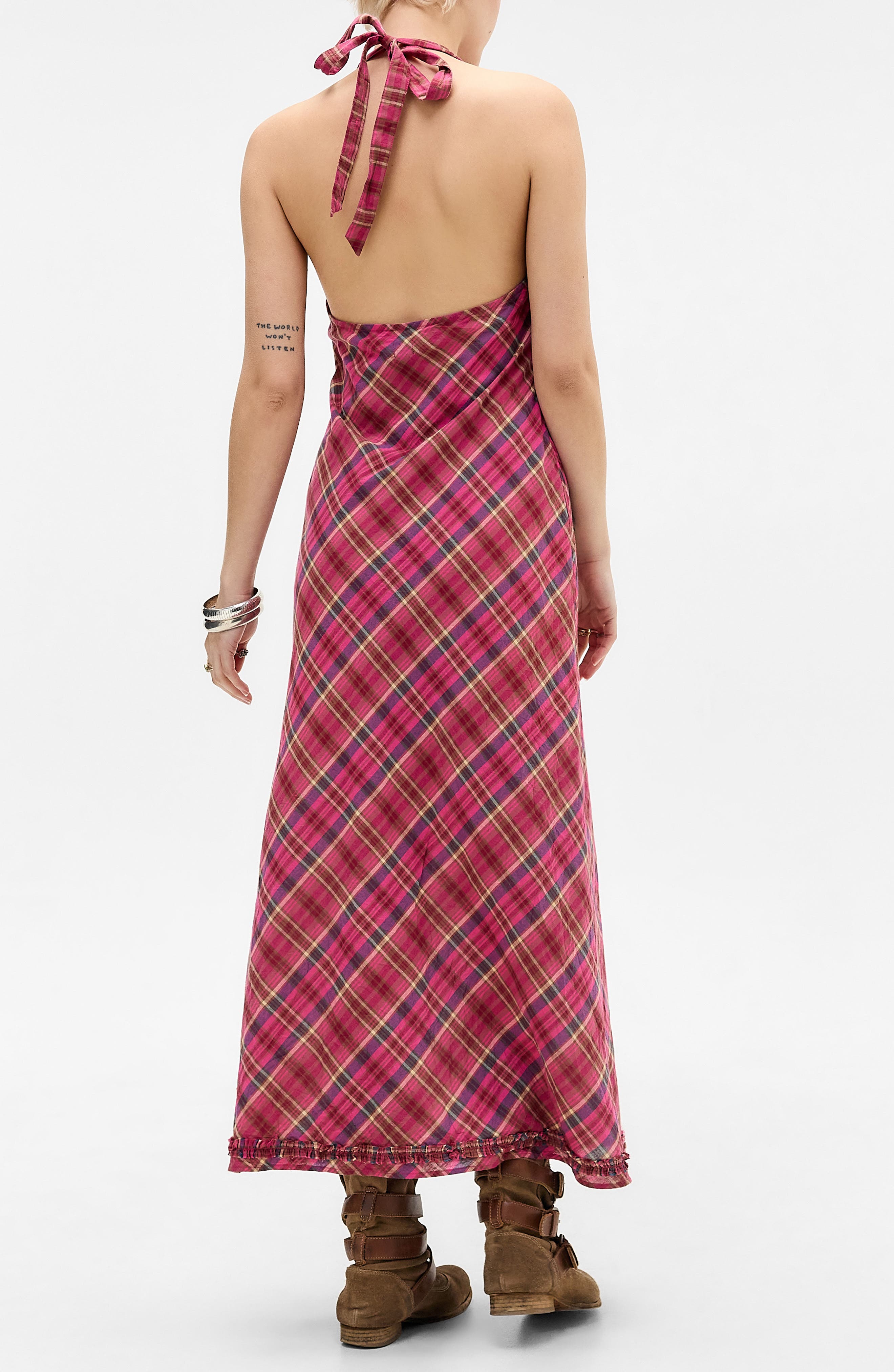 plaid crinkle georgette halter dress James Perse Plaid Linen Halter Dress