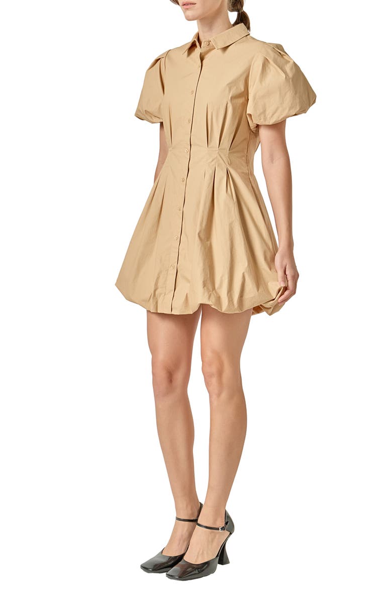 Puff Sleeve Bubble Hem Cotton Mini Shirtdress, Alternate, color, TAN