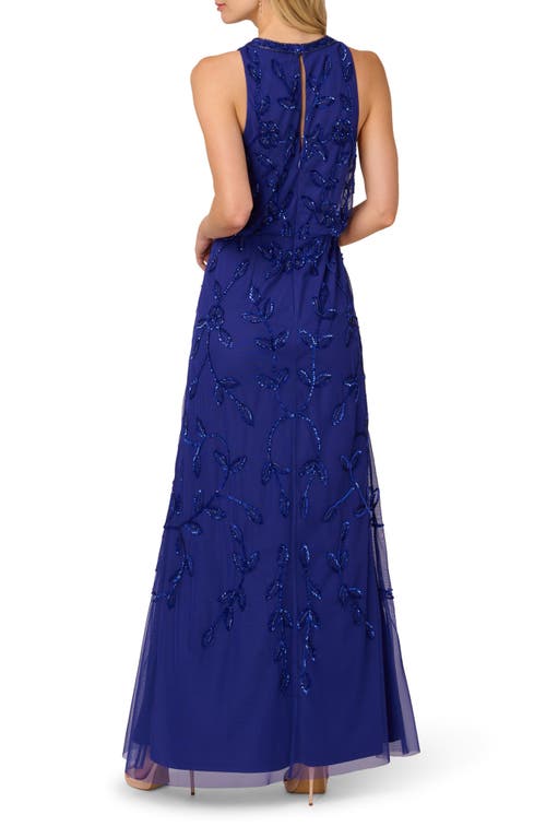 Adrianna Papell Beaded Blouson Cocktail Maxi Dress In Blue