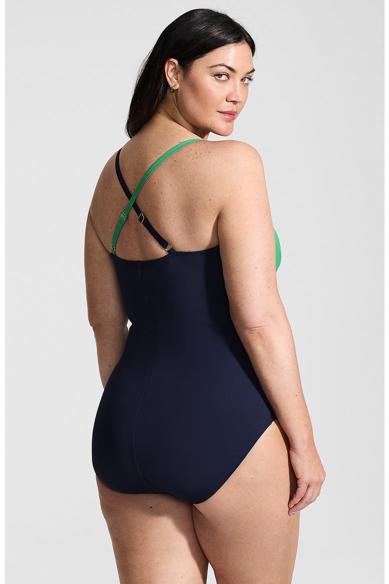 Slender Suit V-neck Pleated X-back One Piece Swimsuit Adjustable Straps, Alternate, color, Green/Navy
