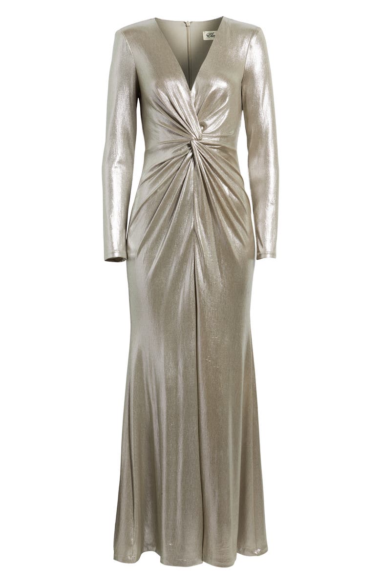 Eliza J Metallic Twist Waist Long Sleeve Gown, Alternate, color, Metallic Taupe
