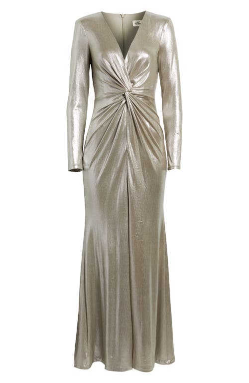 Eliza J Metallic Twist Waist Long Sleeve Gown In Brown