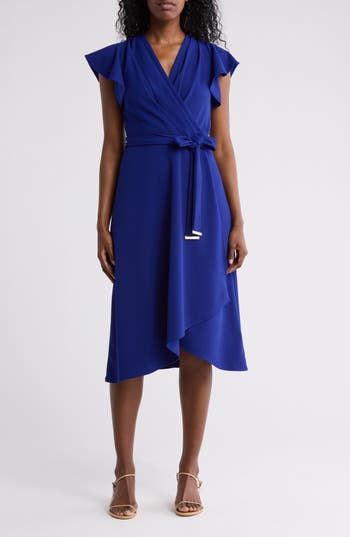 Shop Dkny Flutter Sleeve Faux Wrap Midi Dress In Marine
