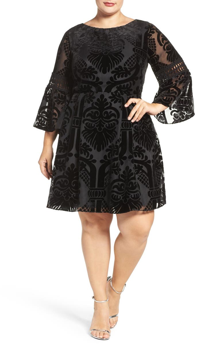 Eliza J Burnout Velvet Fit & Flare Dress, Alternate, color,