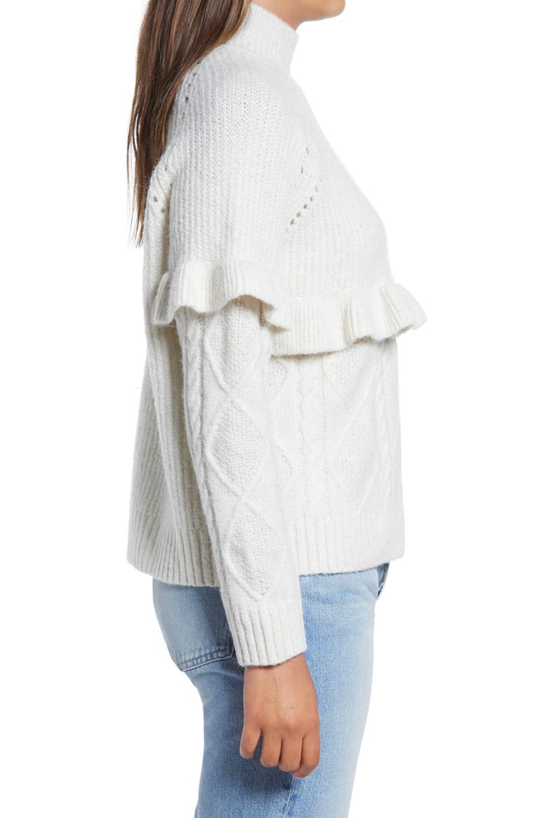 Mock Neck Pointelle Knit & Ruffle Trim Sweater, Alternate, color, BIRCH