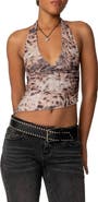 EDIKTED Leopard Print Asymmetric Mesh Halter Top