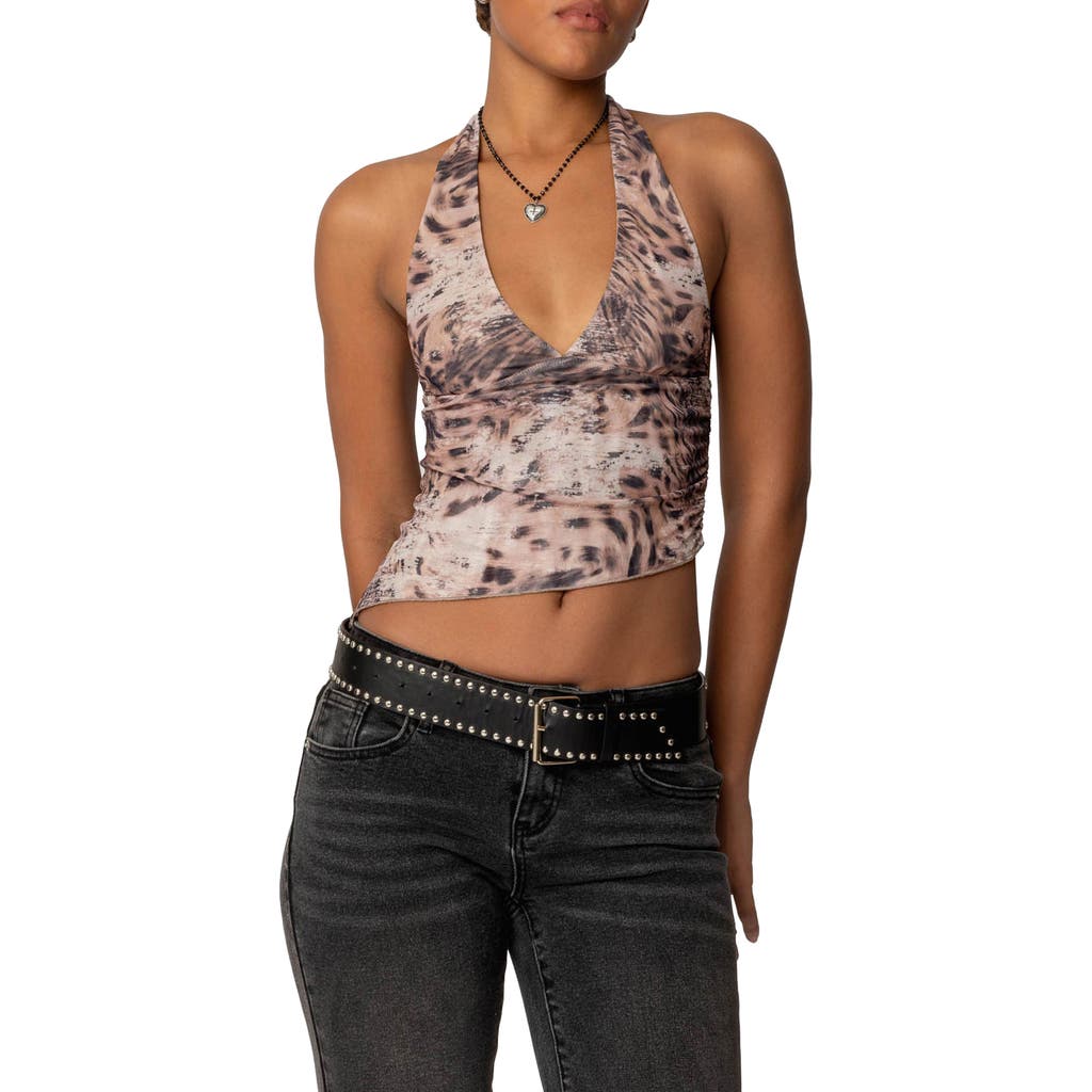 Edikted Leopard Print Asymmetric Mesh Halter Top In Leopard