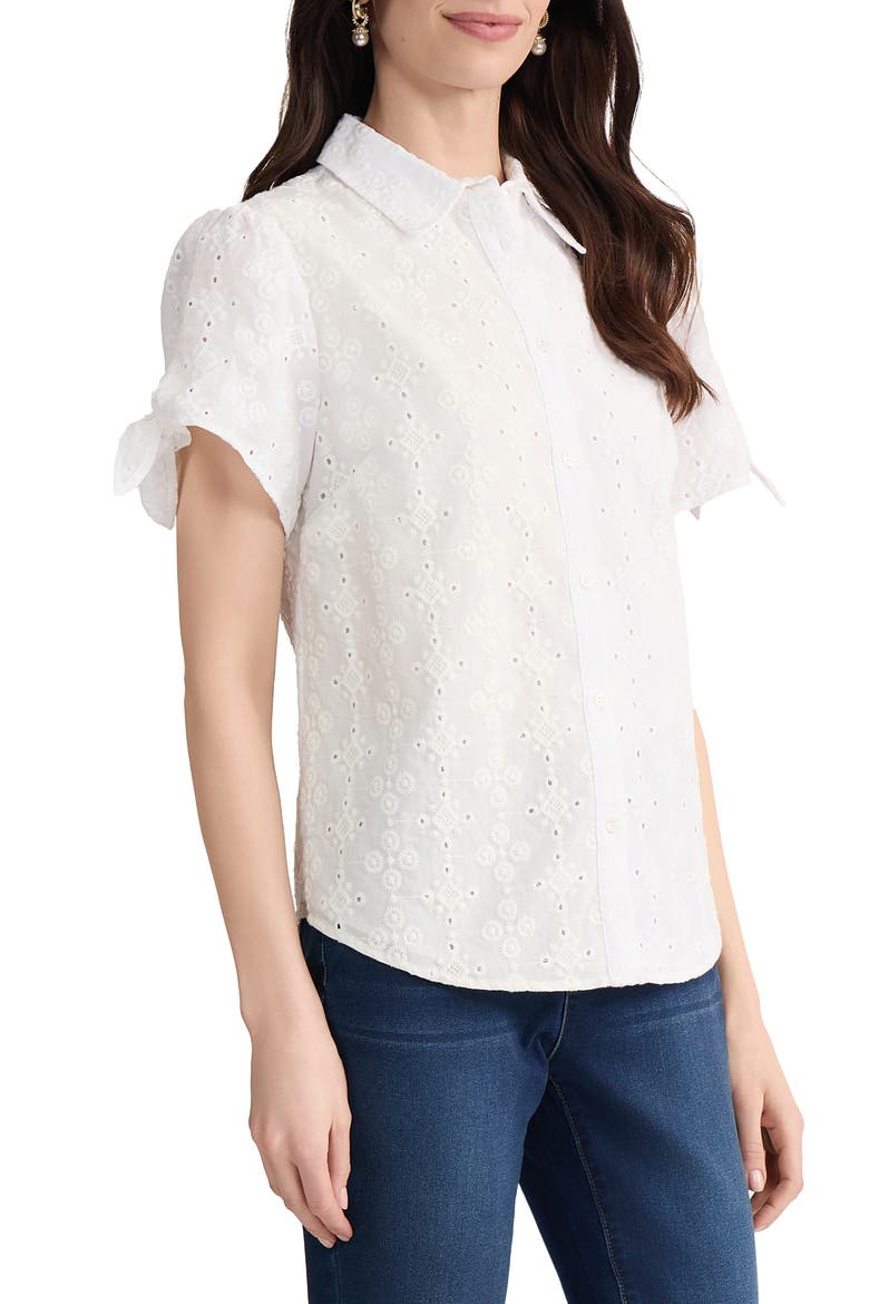 Tie Sleeve Eyelet Embroidered Cotton Button-Up Shirt, Alternate, color, NATURAL WHITE