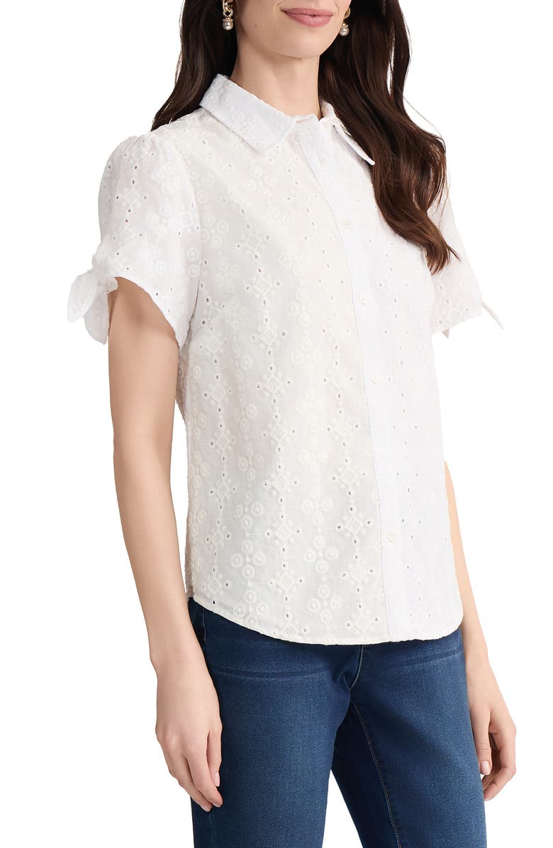 Jones New York Tie Sleeve Eyelet Embroidered Cotton Button-Up Shirt, Alternate, color, Natural White