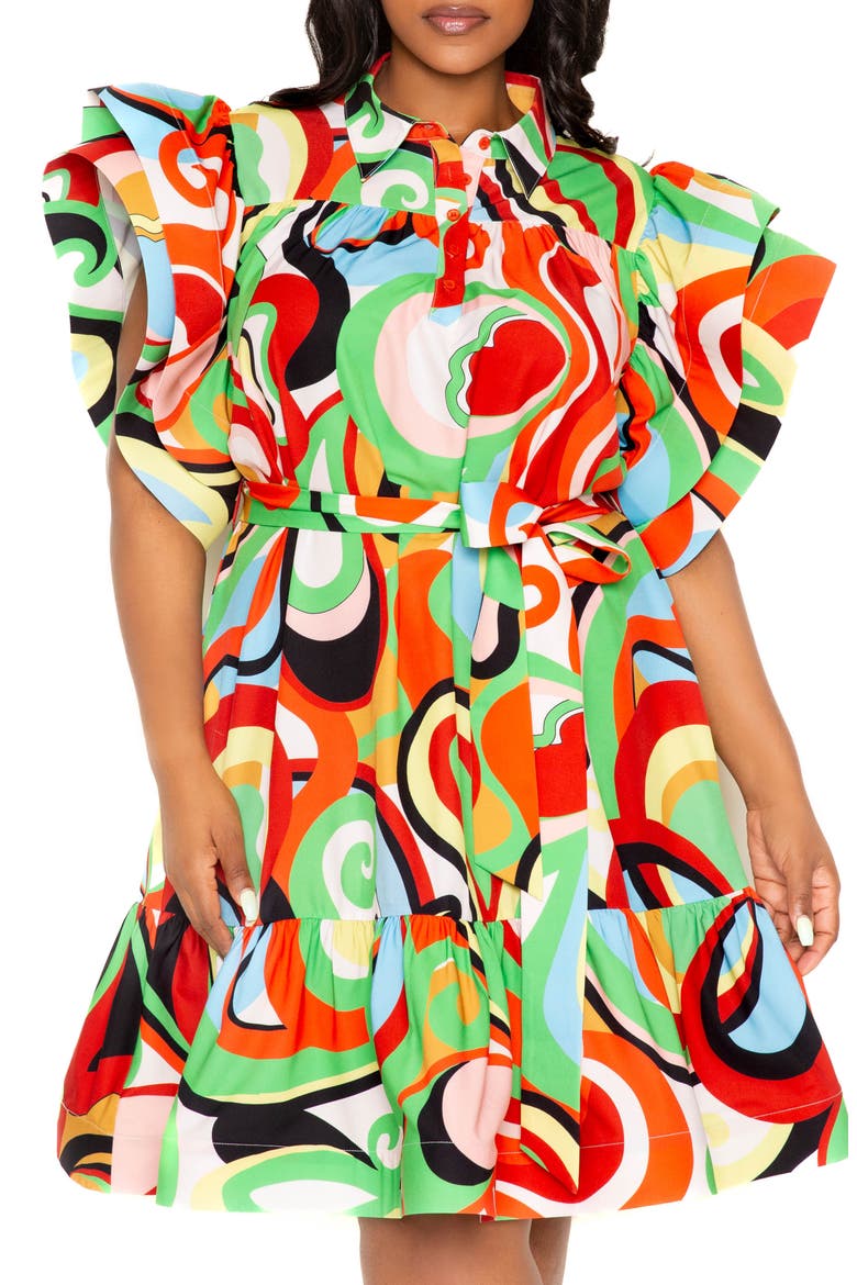 Geometric Print Ruffle Tie Waist Dress, Alternate, color, GREEN MULTI