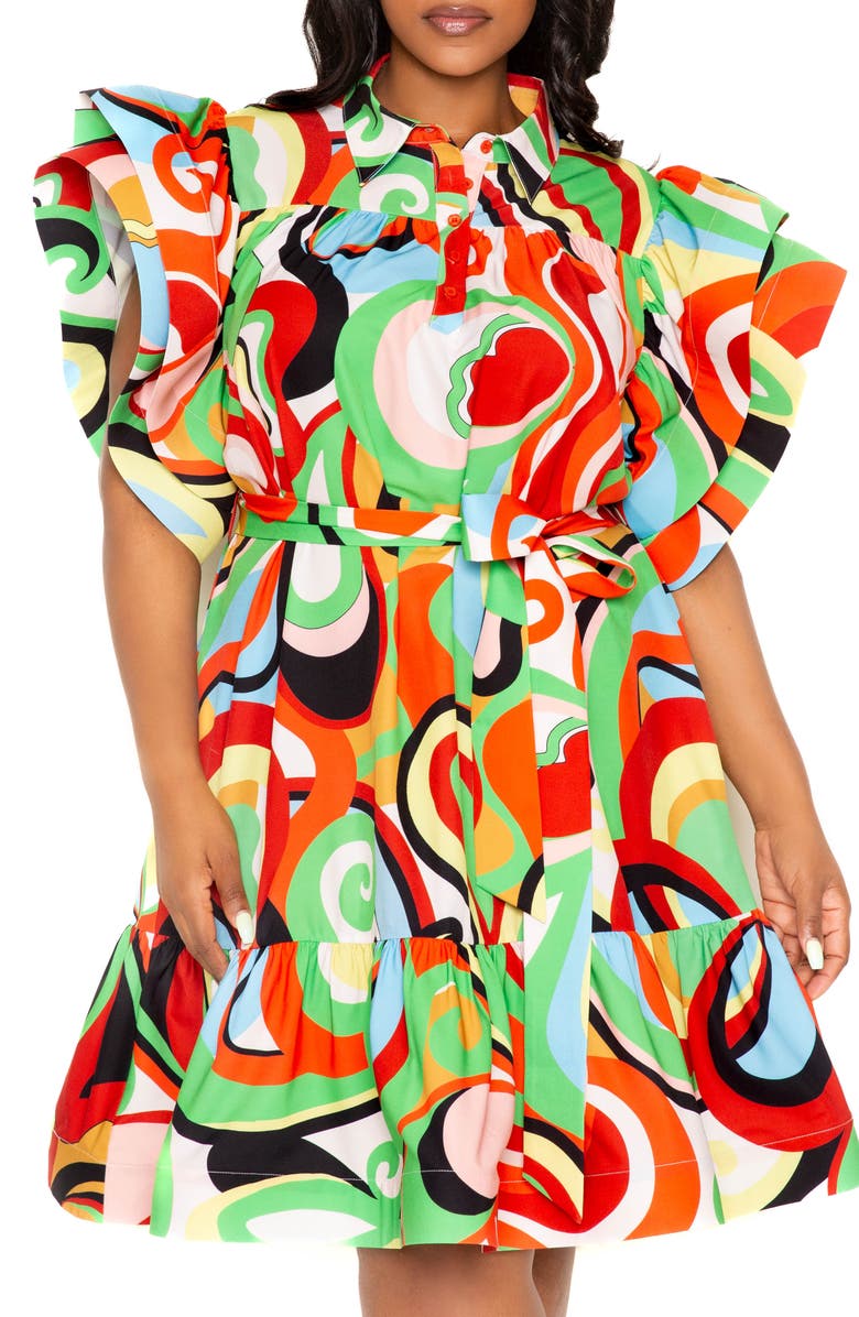 BUXOM COUTURE Geometric Print Ruffle Tie Waist Dress, Alternate, color,