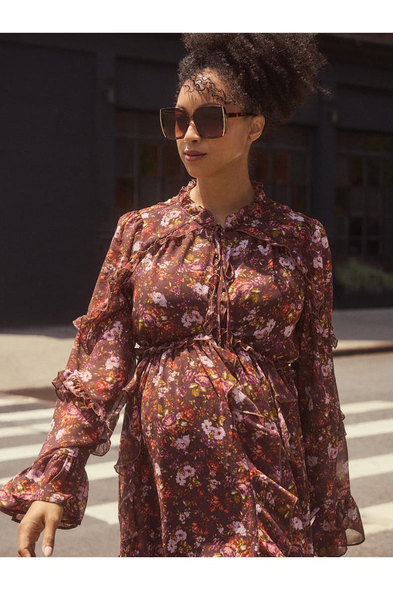 Long Sleeve Ruffle Mini Dress, Alternate, color, Brown Floral