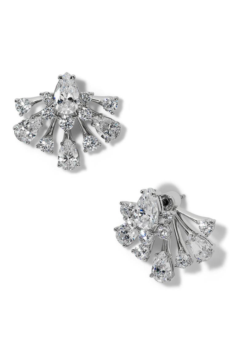 Hera Cubic Zirconia Front/Back Earrings, Main, color, RHODIUM