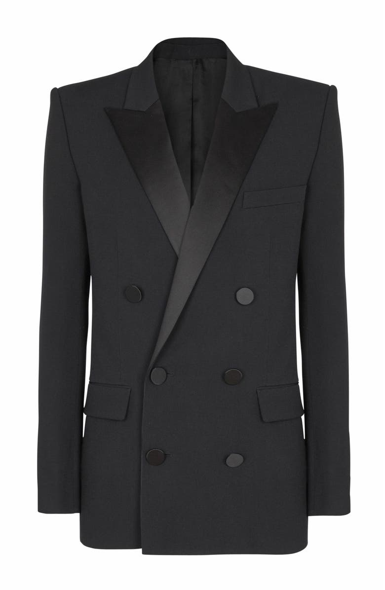 Balmain Grain De Poudre Blazer With Satin Lapels, Alternate, color, Black