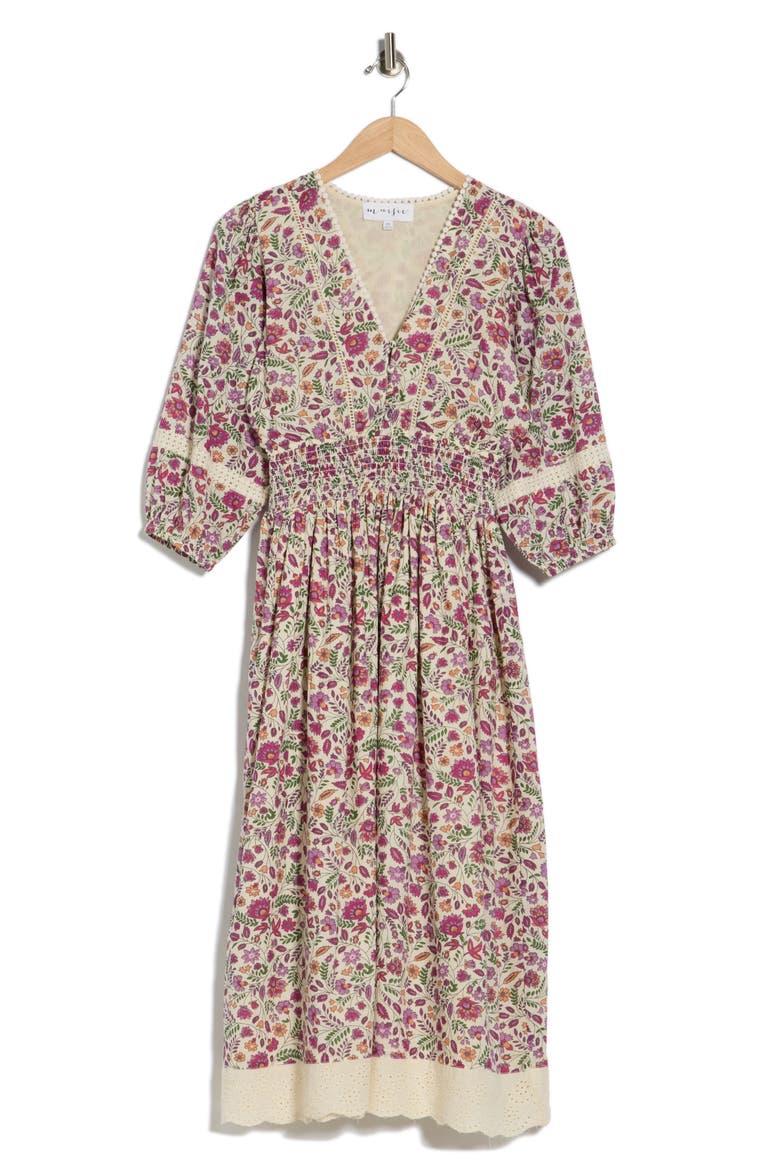 Floral Smocked Waist Midi Dress, Alternate, color, IVORY/ PINK FLOWER