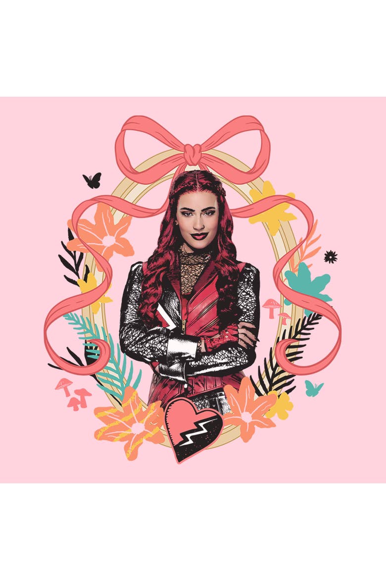 Junior's Descendants Wicked Wonderland Red Bow Portrait  Graphic T-Shirt, Alternate, color, Light Pink