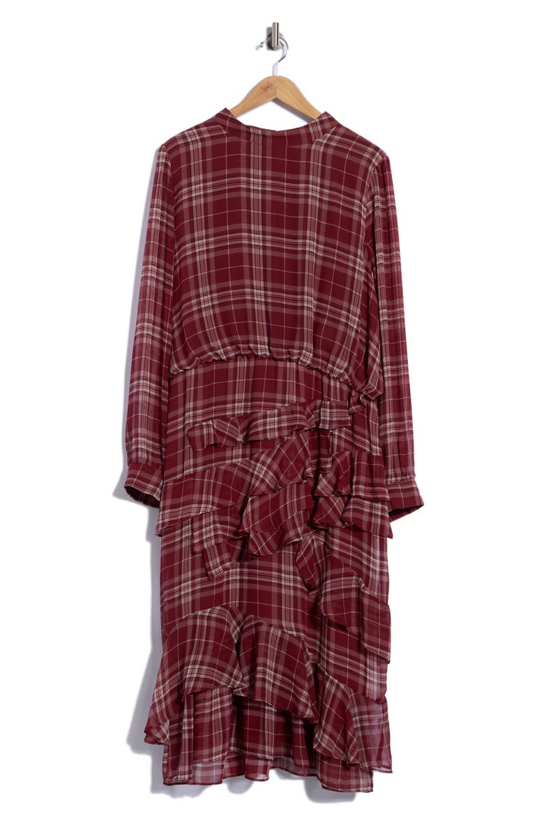 Evelyn Plaid Ruffle Long Sleeve Asymmetric Dress, Main, color, BURGUNDY PLAID