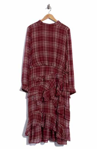 Evelyn Plaid Ruffle Long Sleeve Asymmetric Dress