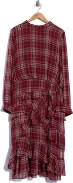 AREA STARS Evelyn Plaid Ruffle Long Sleeve Asymmetric Dress