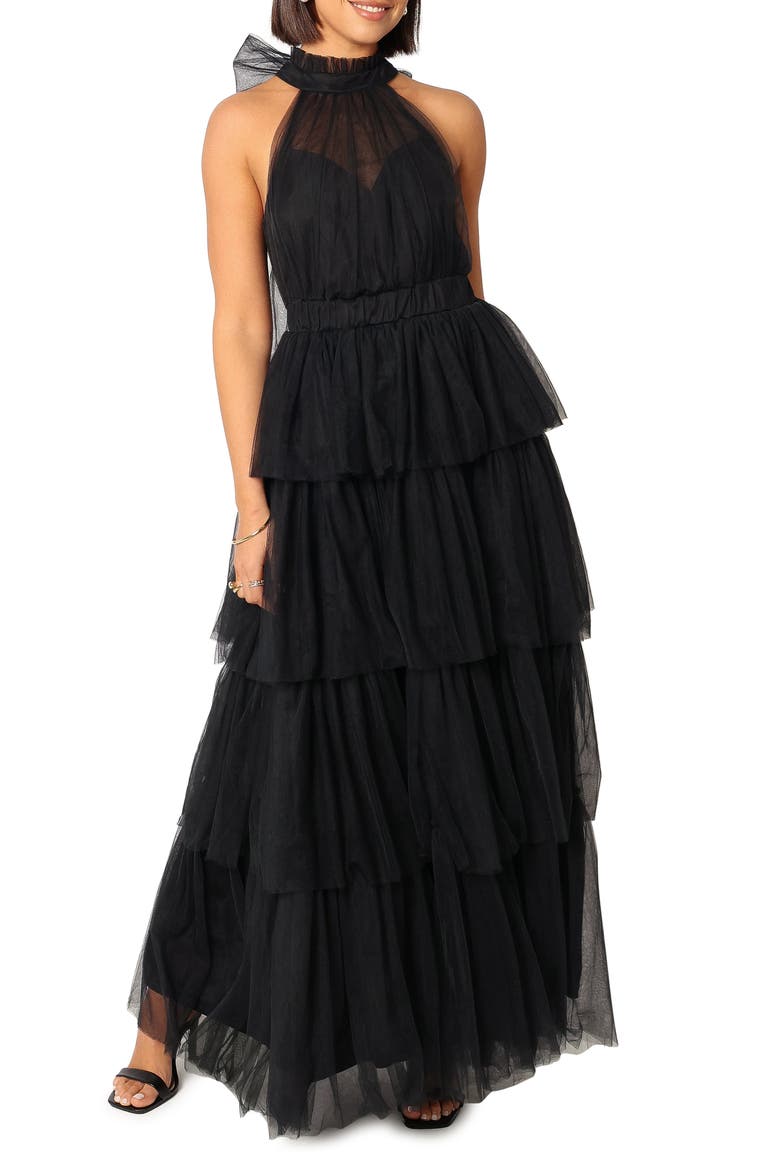 Frances Halter Neck Tiered Tulle Gown, Main, color, BLACK
