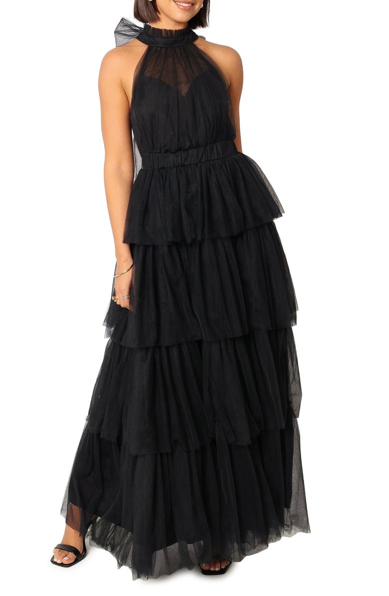 Petal & Pup Frances Halter Neck Tiered Tulle Gown, Main, color, Black