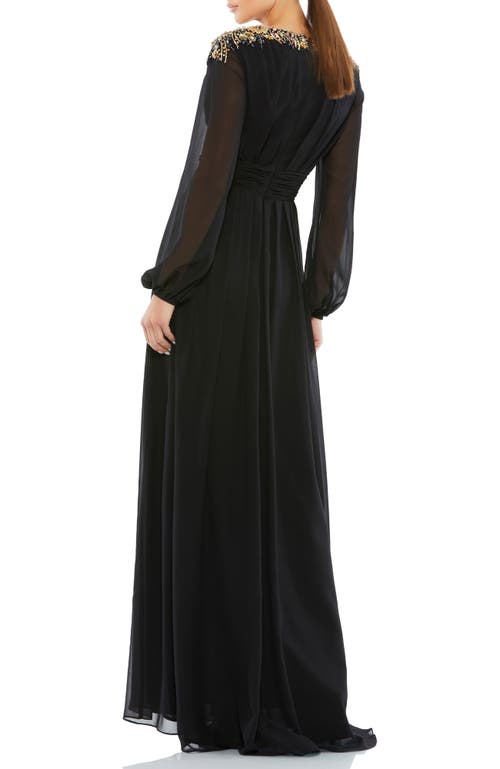 Mac Duggal Embellished Shoulder Blouson Sleeve Evening Gown In Black Gold