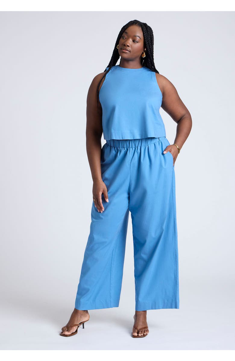 ELOQUII Linen-Blend Boxy Scoop Neck Crop Tank, Alternate, color, Parisian Blue