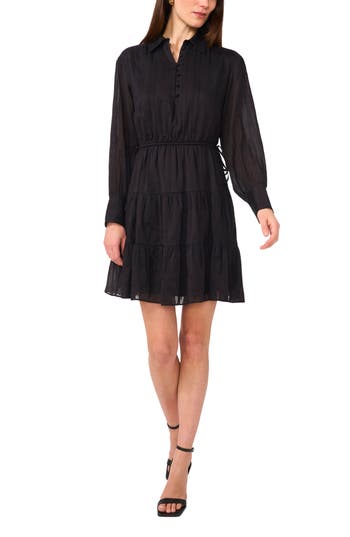 1.state Long Sleeve Tiered Shirtdress In Rich Black