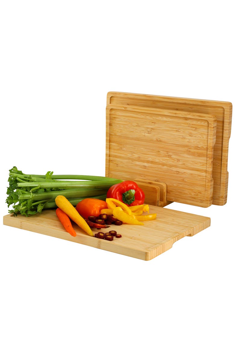 3 Piece Natural Wood Cutting Board Set with Base, Main, color, Bamboo