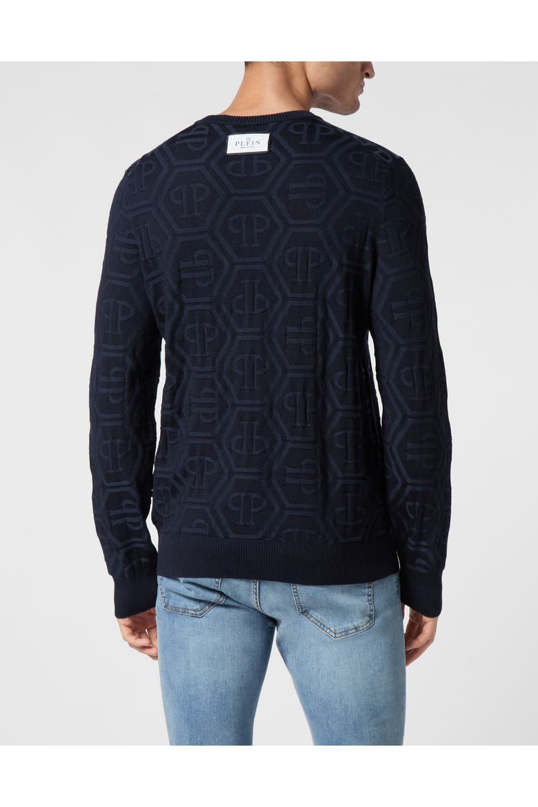 Jacquard Silk Wool Pullover Round Neck Ls Monogram Men, Alternate, color, navy