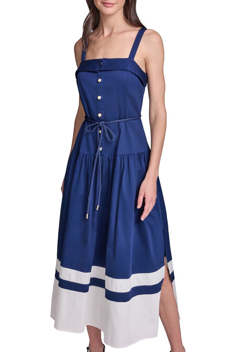 Contrast Border Midi Dress, Alternate, color, MARITIME/ SOFT WHITE