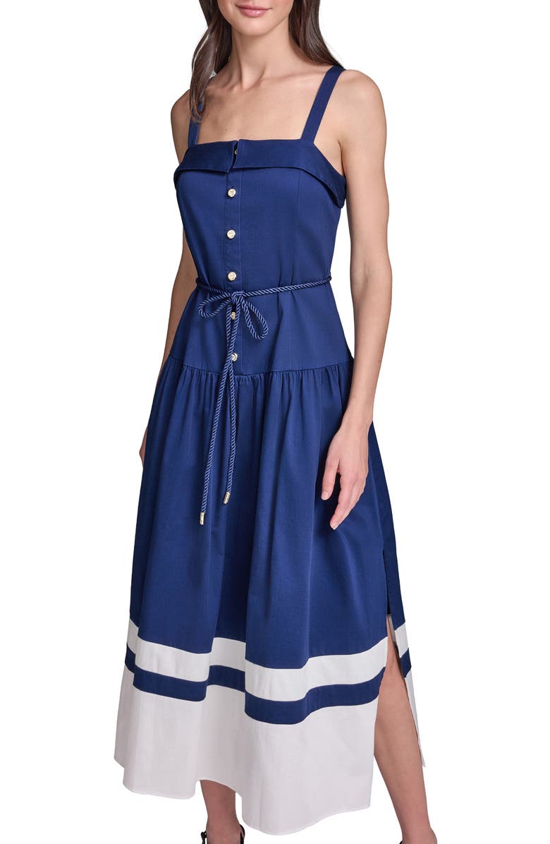 KARL LAGERFELD Contrast Border Midi Dress, Alternate, color, Maritime/ Soft White