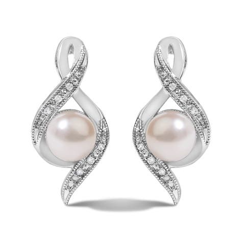 Sterling Silver White Freshwater Cultured Pearl And Diamond Accent Twist Stud Earrings