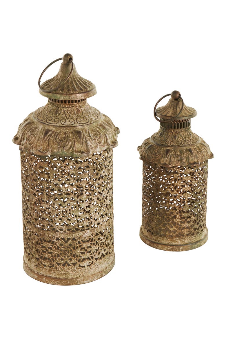 Set of 2 Lantern Candleholders, Alternate, color, BROWN