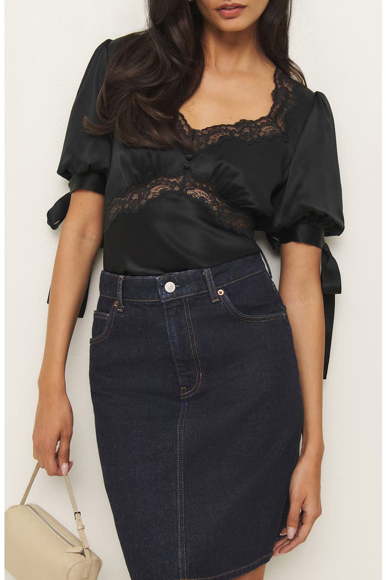 Dolly Lace Trim Silk Charmeuse Top, Main, color, BLACK