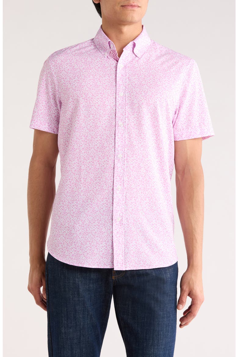 Floral Short Sleeve Woven Button-Down Shirt, Main, color, PINK