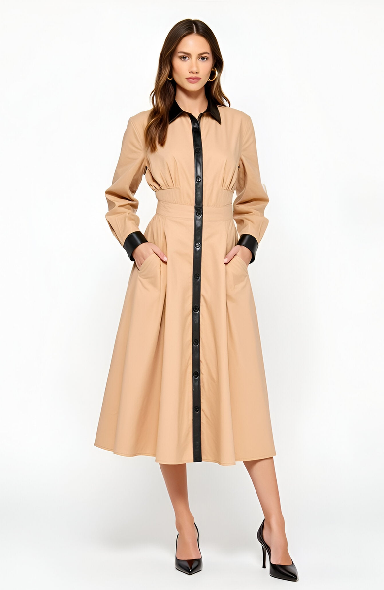 Modenaire Long Sleeve Midi Shirt Dress with Faux Leather Trim and Side Pockets, Main, color, 