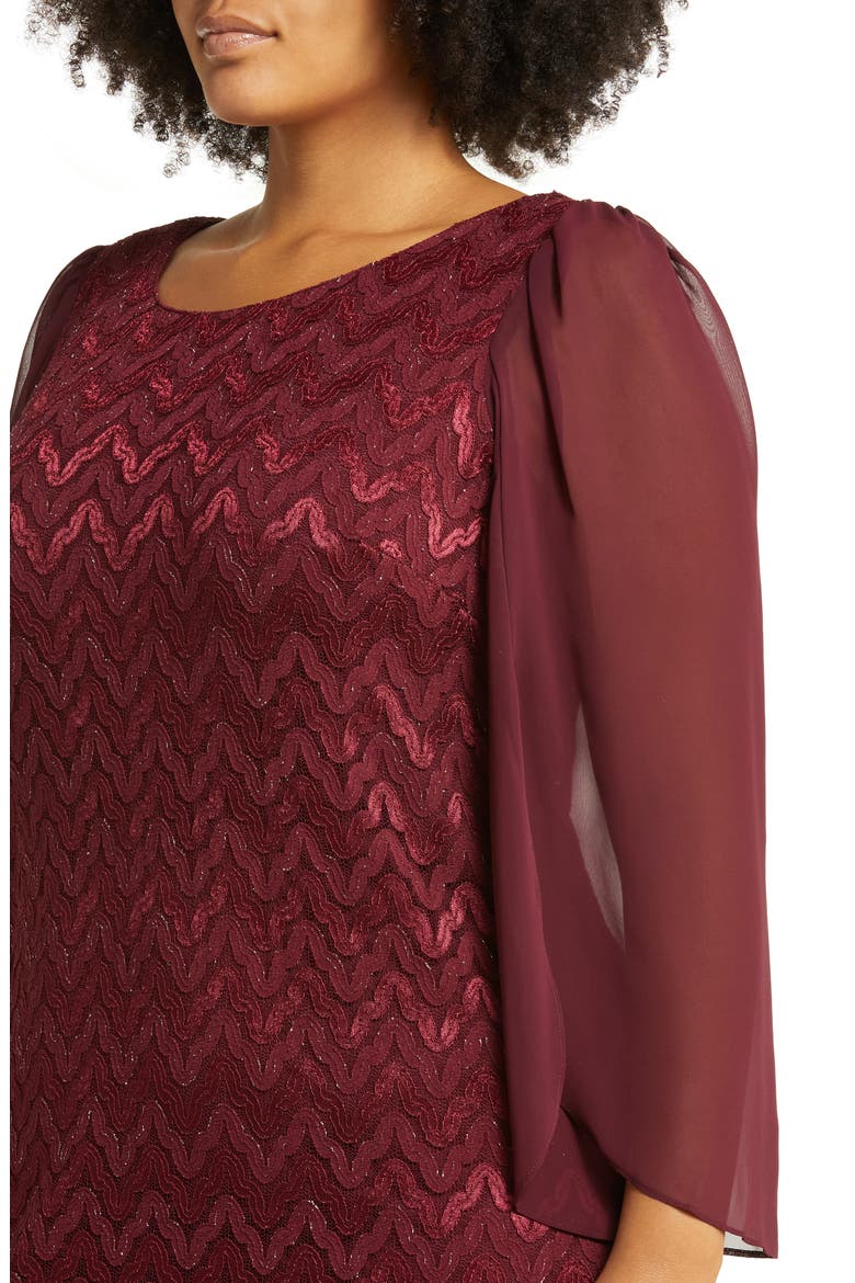 Chevron Long Sleeve Lace & Chiffon Dress, Alternate, color, BURGANDY
