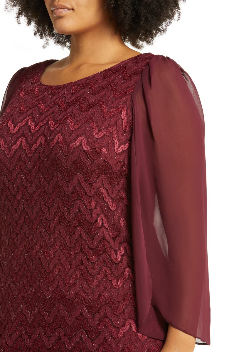 Connected Apparel Chevron Long Sleeve Lace & Chiffon Dress, Alternate, color, Burgandy