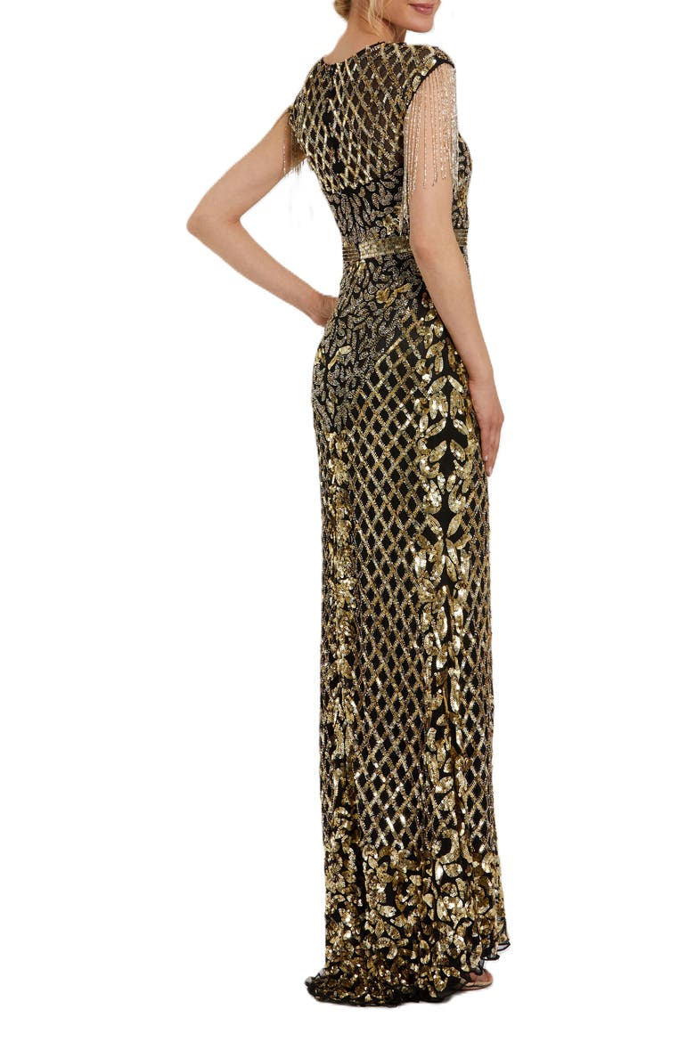 High Neck Sleeveless Beaded Fringe Fitted Gown, Alternate, color, Black Gold