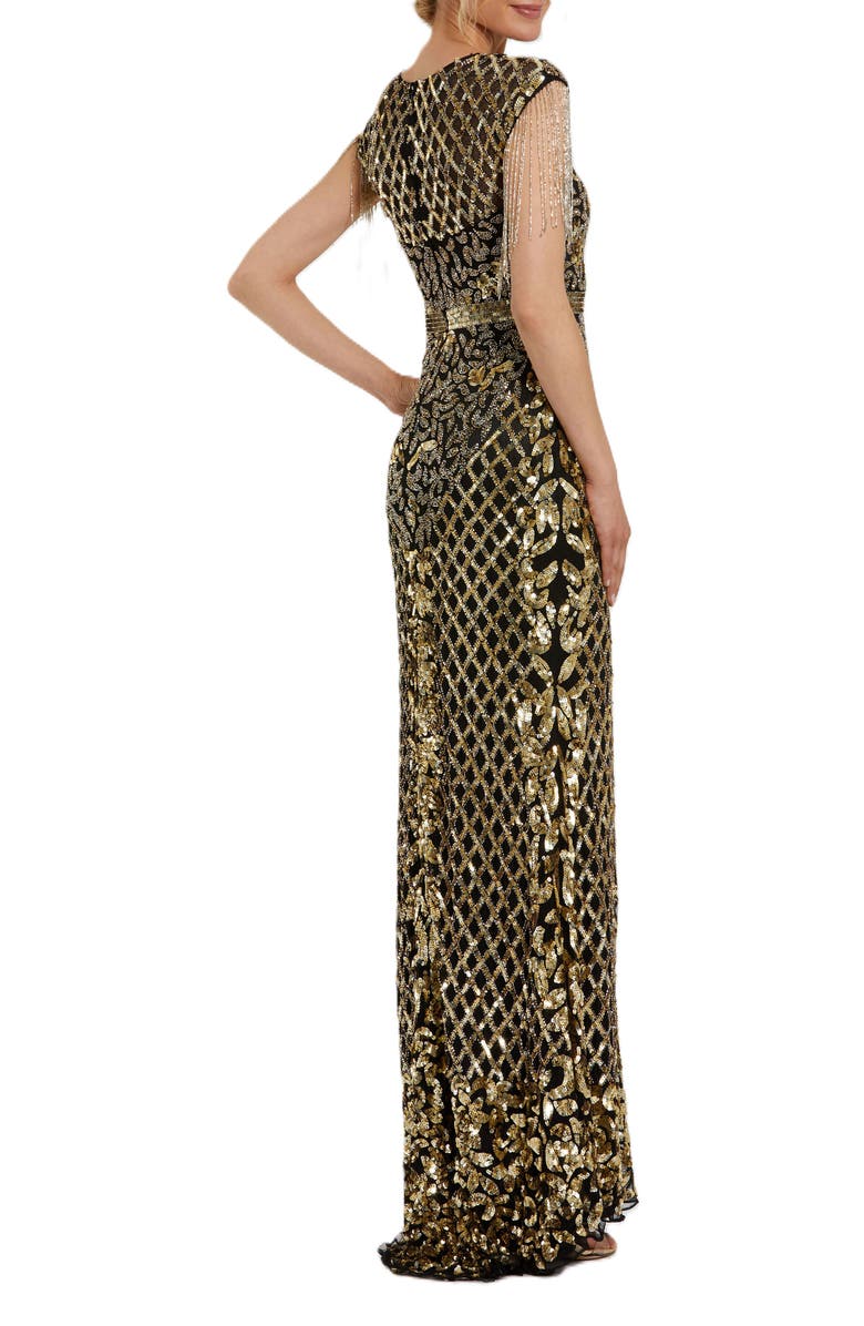 Mac Duggal High Neck Sleeveless Beaded Fringe Fitted Gown, Alternate, color, Black Gold