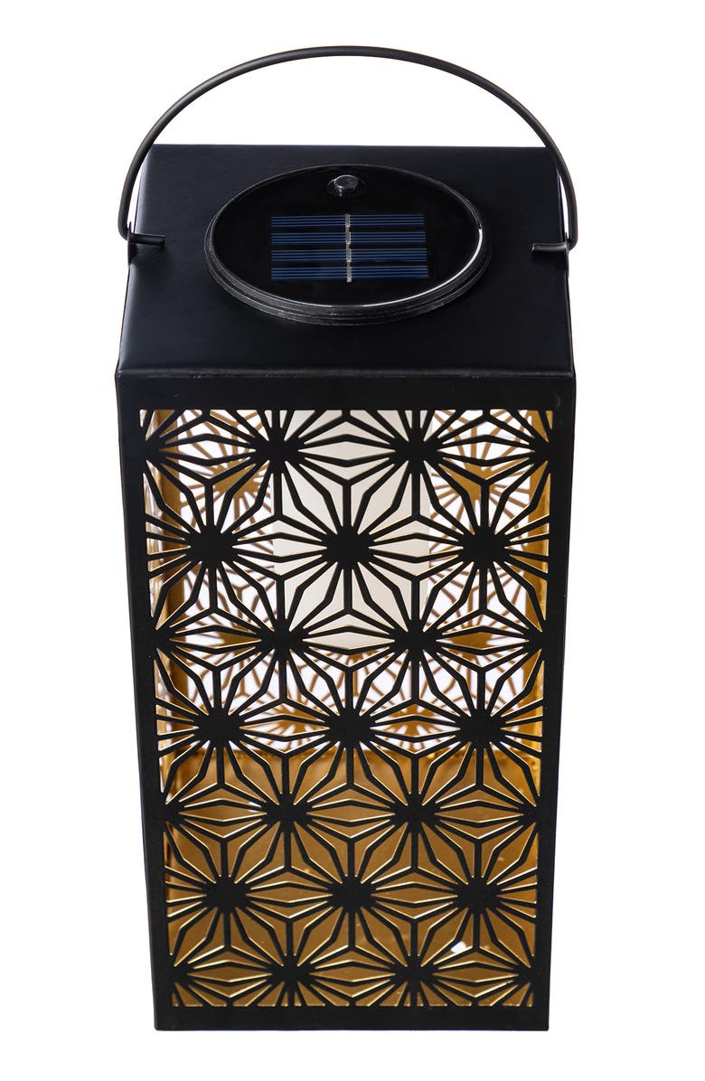 Glitzhome Metal Cutout Pattern Solar Powered Hanging Lantern with LED Light, Alternate, color, Black