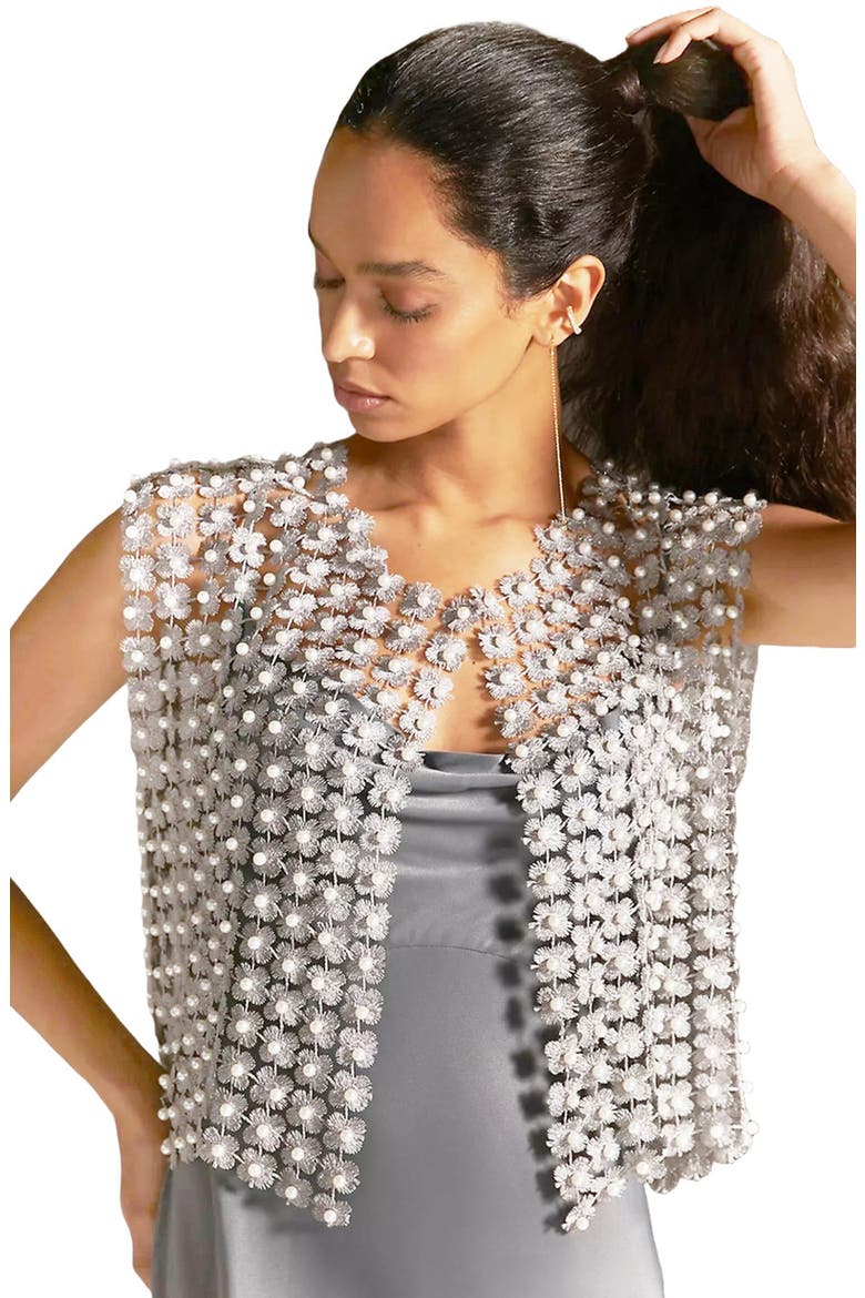 Pearly Beaded Floral Lace Top, Alternate, color, GREY