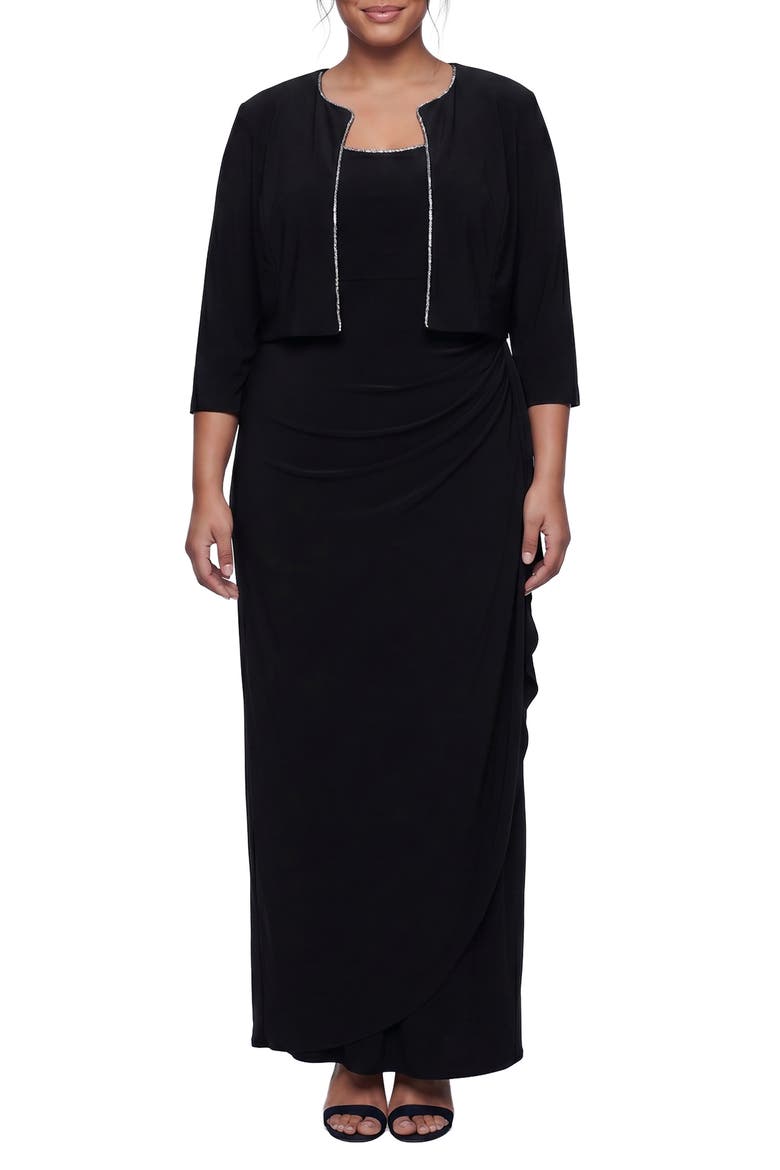 Empire Waist Matte Jersey Gown with Jacket, Alternate, color, BLACK