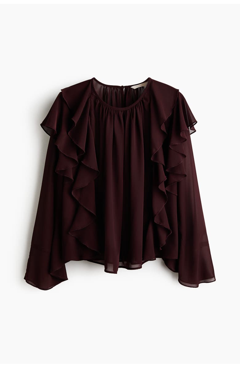 H&M Sheer Flounce-trimmed Blouse, Main, color, Dark Brown
