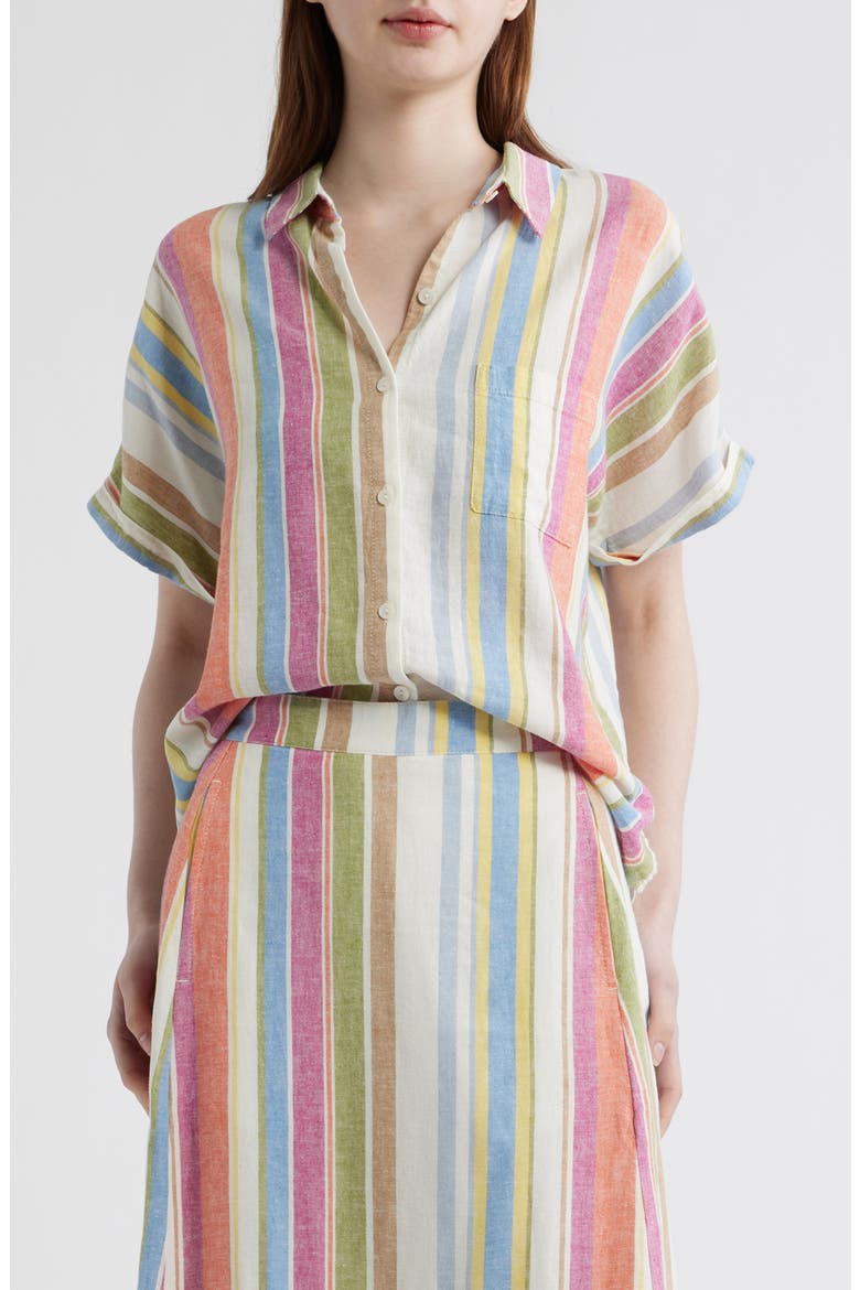 Stripe Linen Blend Short Sleeve Button-Up Shirt, Main, color, IVORY MULTI STRIPE