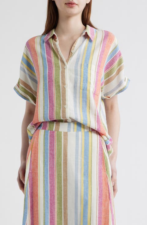 Stripe Linen Blend Short Sleeve Button-Up Shirt