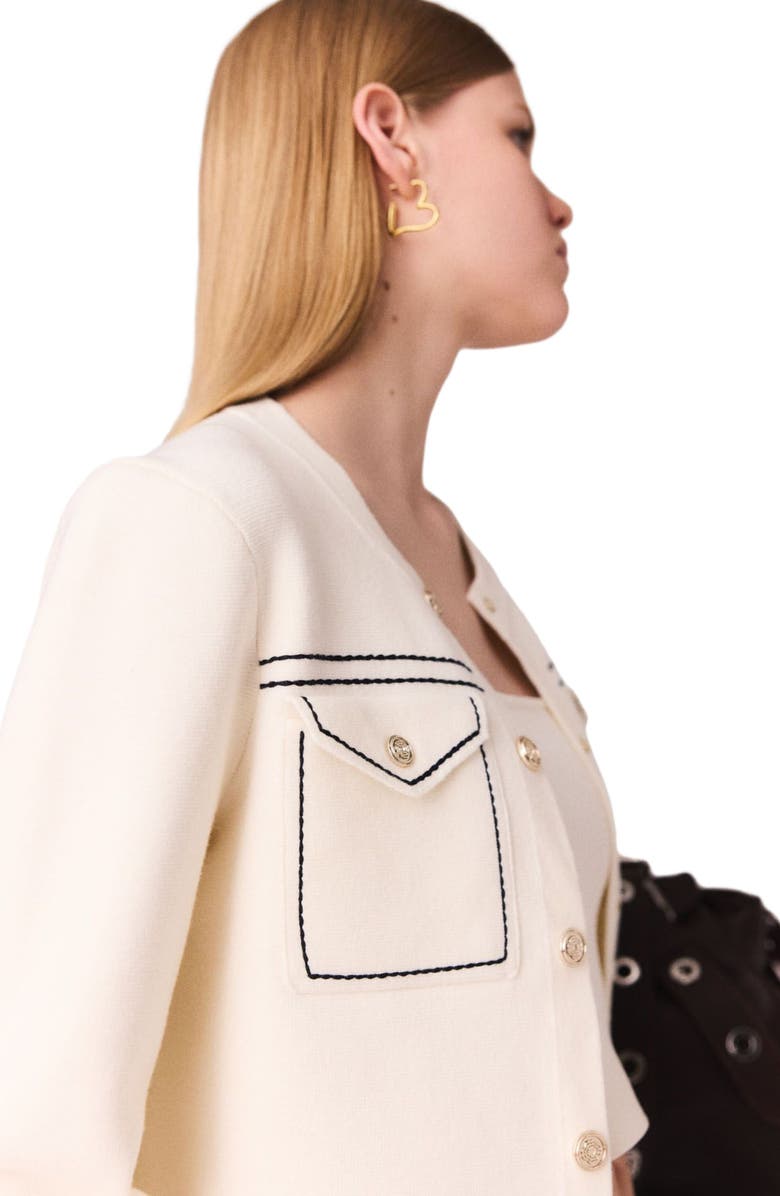 maje Topstitched cropped cardigan, Alternate, color, Ecru