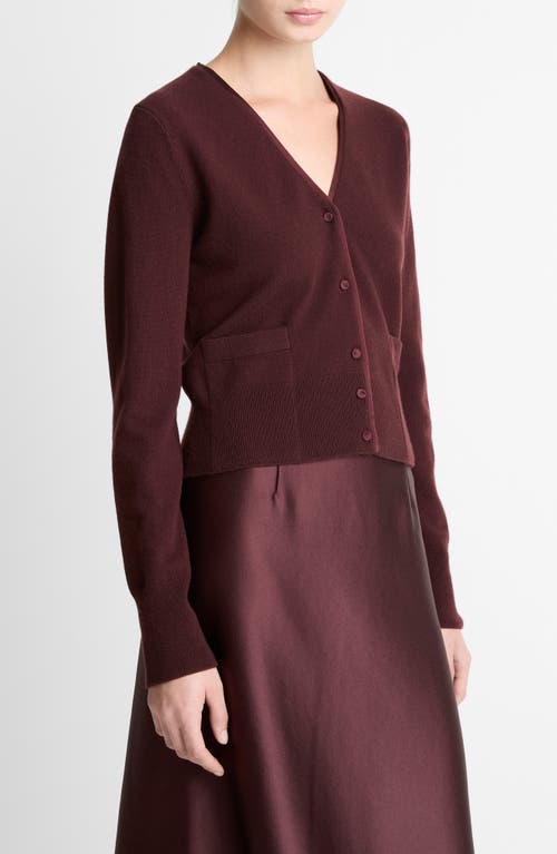 Vince Satin Button Wool & Cashmere Blend V-neck Cardigan In Burgundy