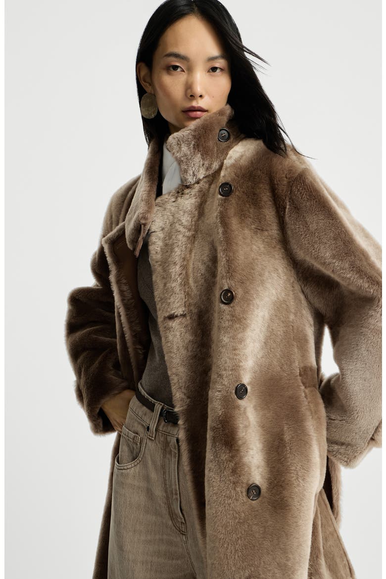 Shearling coat with belt and monili, Alternate, color, Light Brown